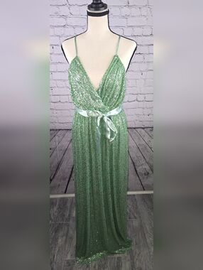Southern Fried Chic Sage Green Sequin Wrap Gown with Satin Waist Tie